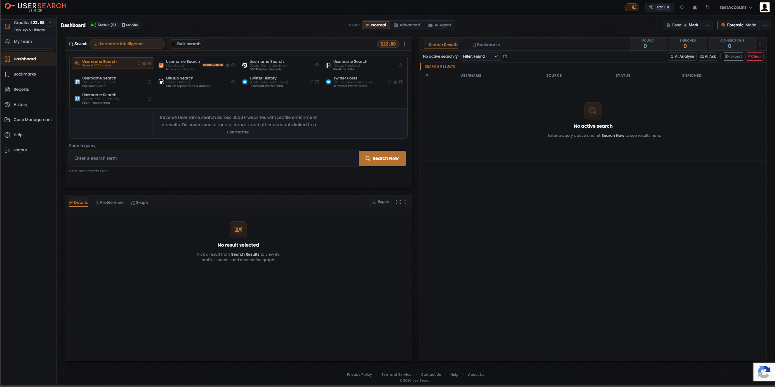 The UserSearch composer with the Username Intelligence search type open, its Module grid showing the OneScan card badged RECOMMENDED