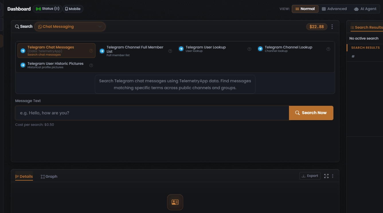 The Chat Messaging Module grid showing the five Telegram Module tiles with Telegram Chat Messages selected and its Cost per search line