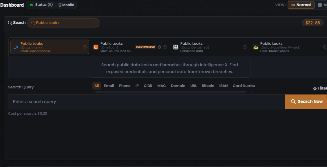 Public Leaks Search type composer: the Search type selector, a row of Module tiles with IntelX selected, the entity-type tab strip, the Search Query field and the Search Now button
