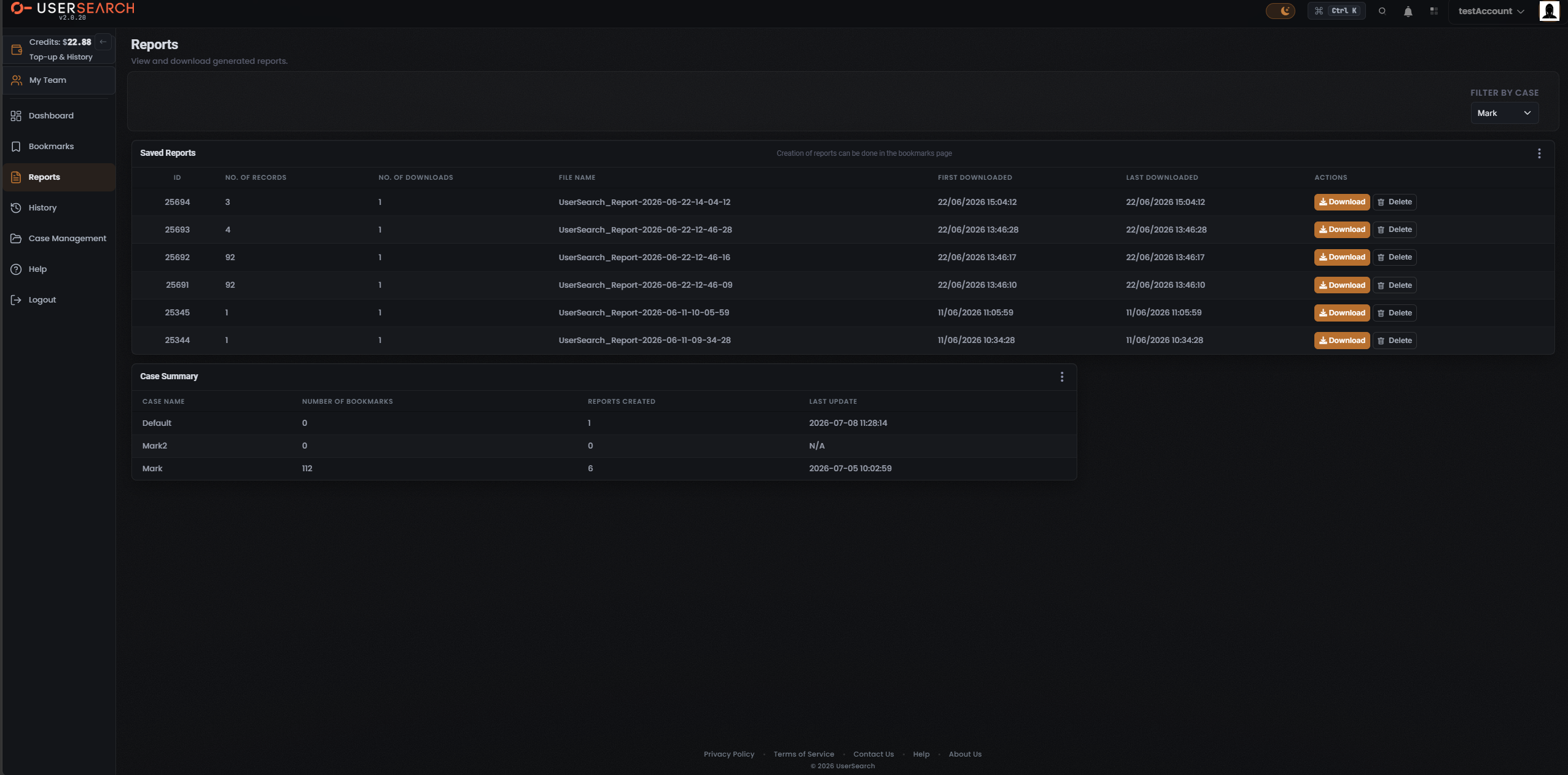 Reports page: Saved Reports table with Download and Delete actions per row