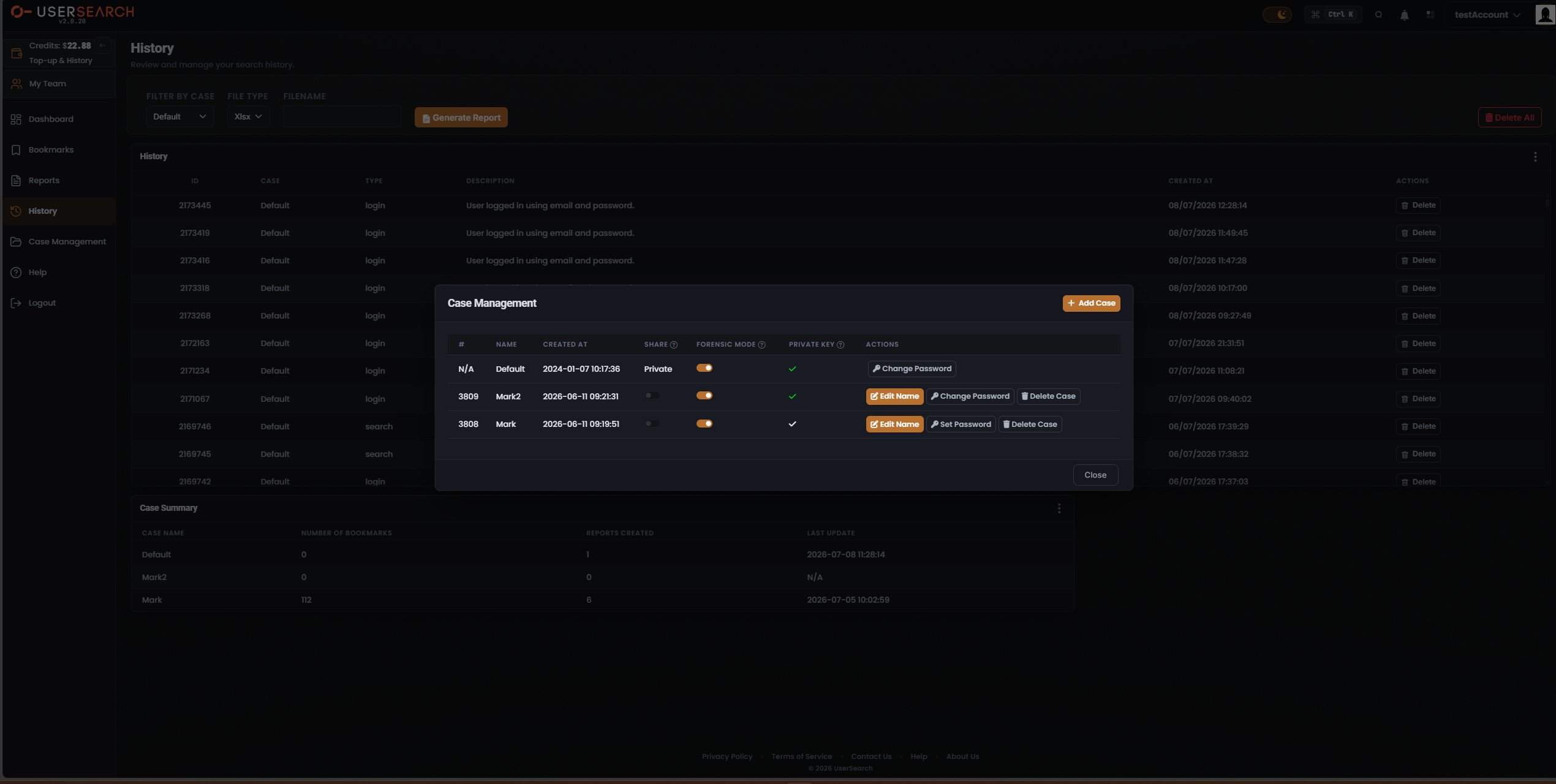 Case Management modal open over the History page, showing the case table