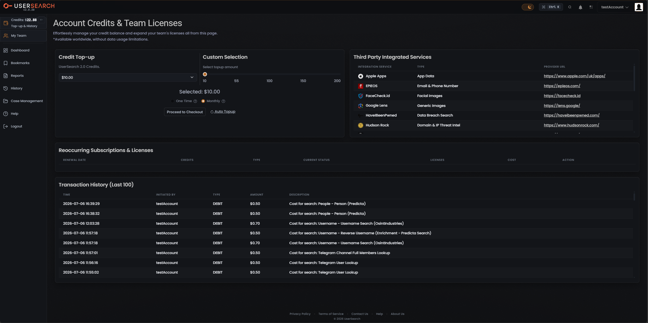 Account Credits & Team Licenses, Credit Top-up panel