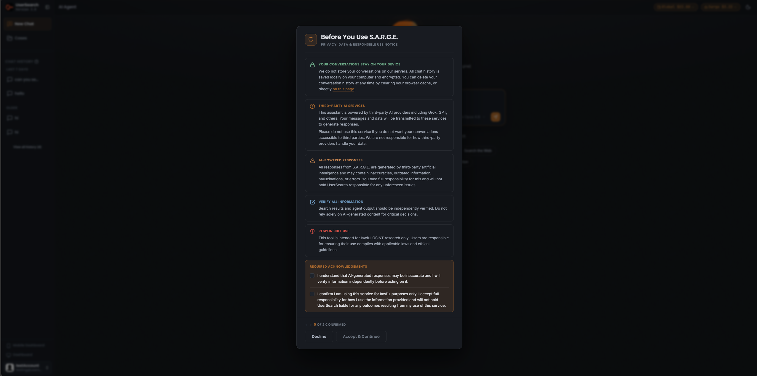 "Before You Use S.A.R.G.E." consent modal with five notices and two acknowledgements