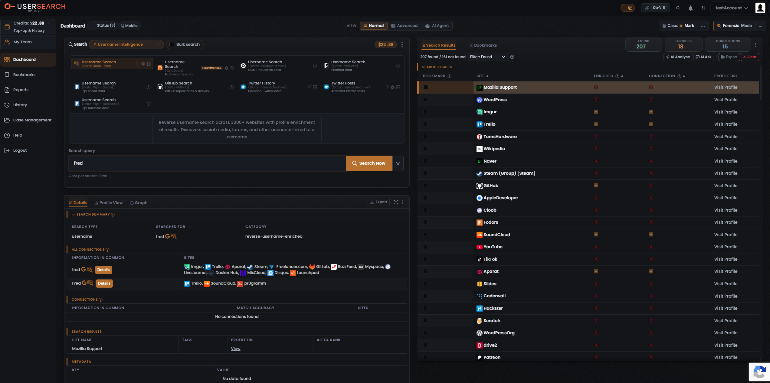Results screen, Search 3000+ sites Module, three counters and results table