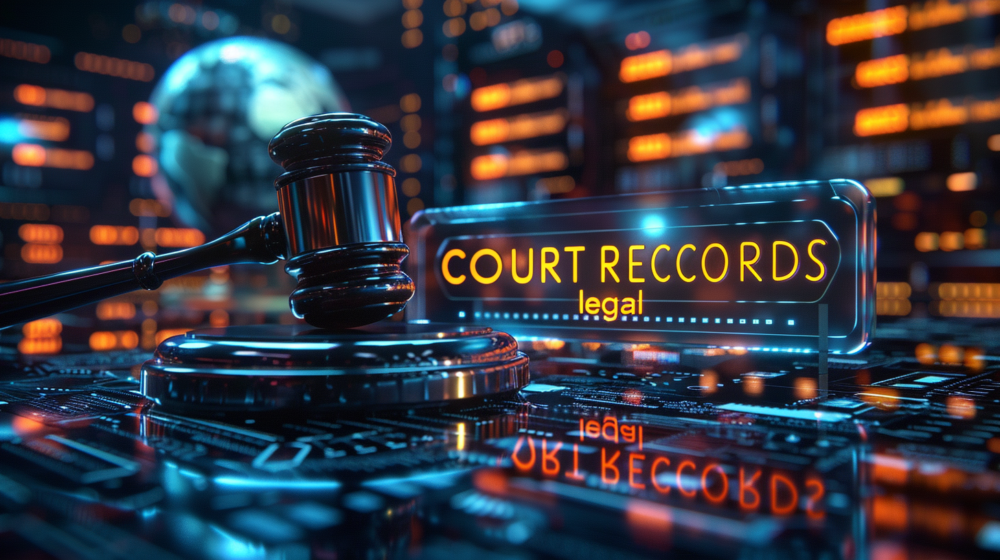 Global Court Records OSINT concept with legal gavel and digital files