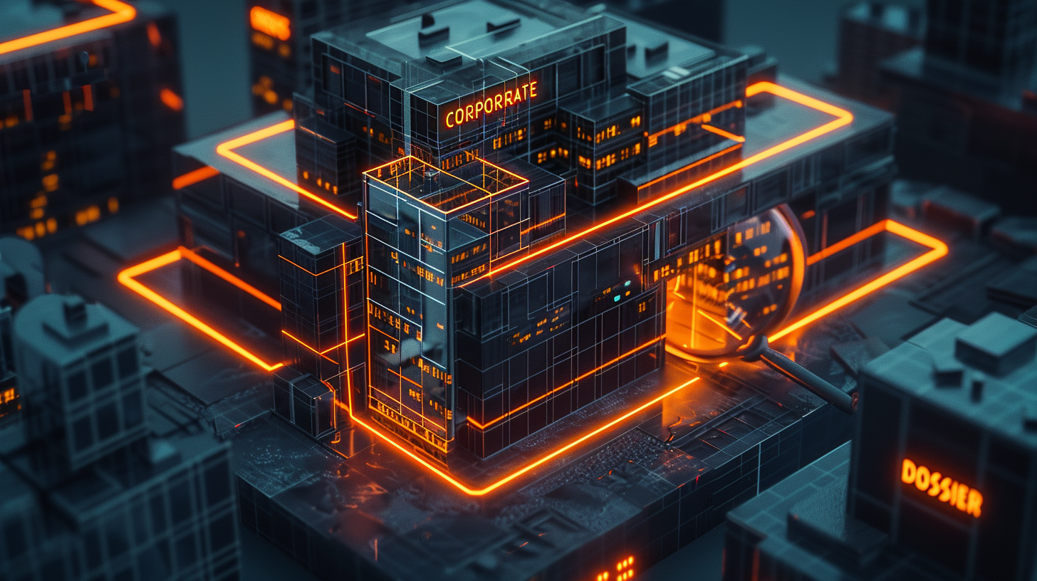 Corporate OSINT concept with office building and organizational charts