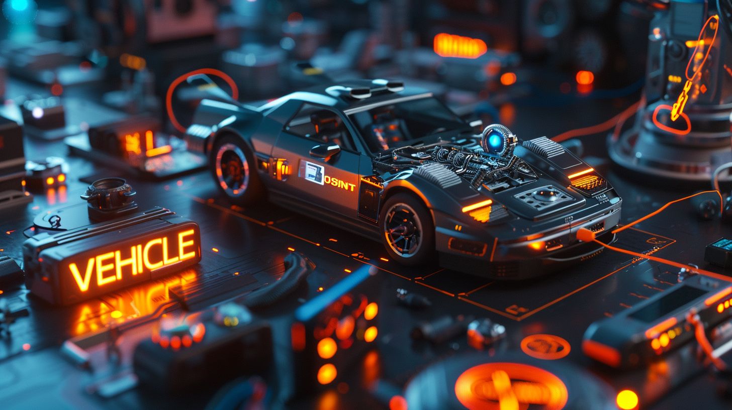 Vehicle OSINT concept showing car chassis and digital VIN plate